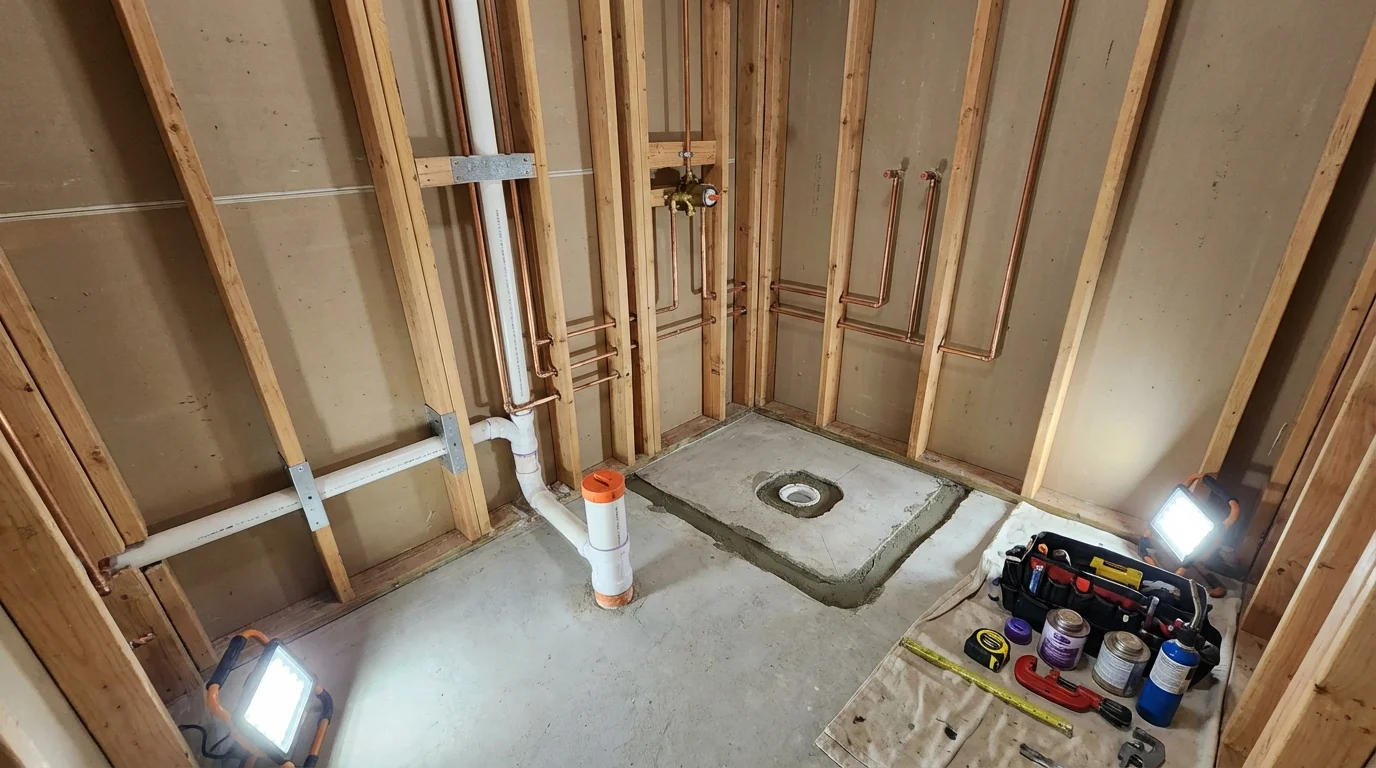 Bathroom rough-in plumbing during remodel by Johns Plumbing LLC in North Sioux City