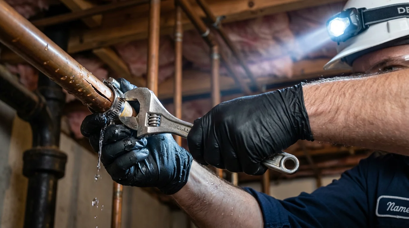 Emergency pipe clamp repair being performed by a Johns Plumbing LLC plumber in North Sioux City