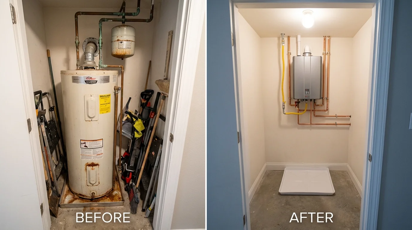 Tank water heater versus wall-mounted tankless unit comparison for North Sioux City, SD homeowners