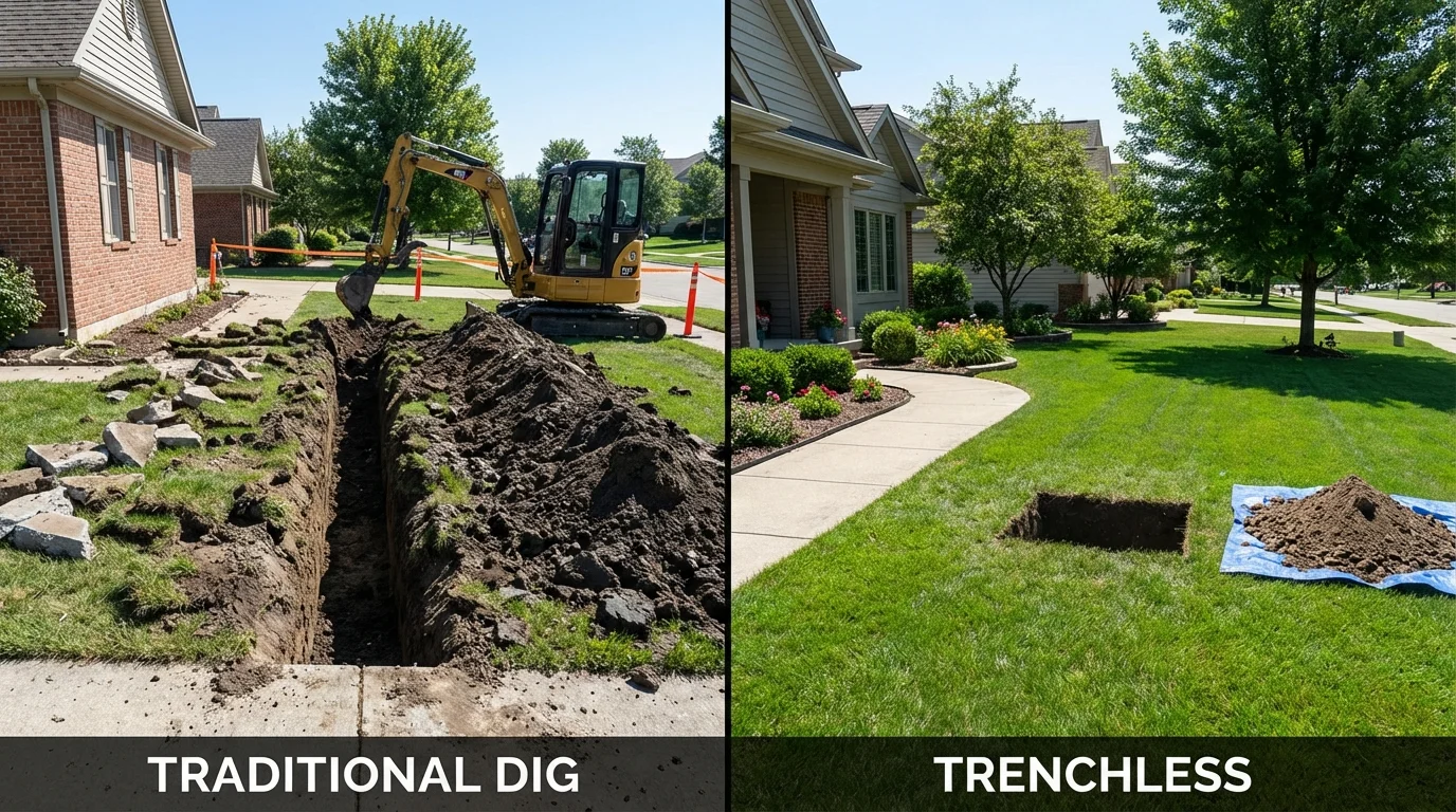 Trenchless sewer repair with minimal yard damage versus traditional excavation in North Sioux City, SD