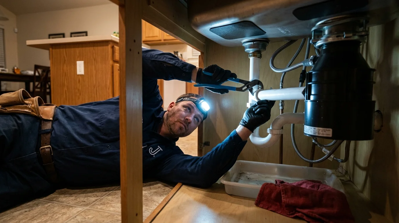 P-trap and supply line connections under a kitchen sink showing a common leak point in North Sioux City, SD